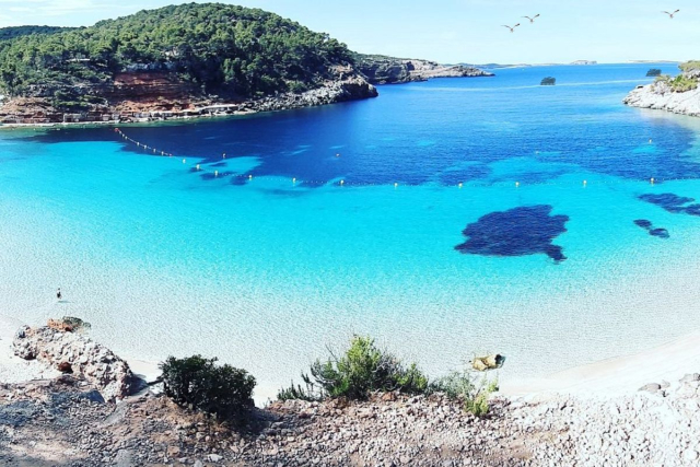 Vista de Cala Salada en Ibiza, una de las mejores playas para visitar en 4 días