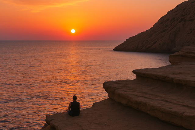 Persona viendo la puesta de sol en las formaciones rocosas de Punta Galera